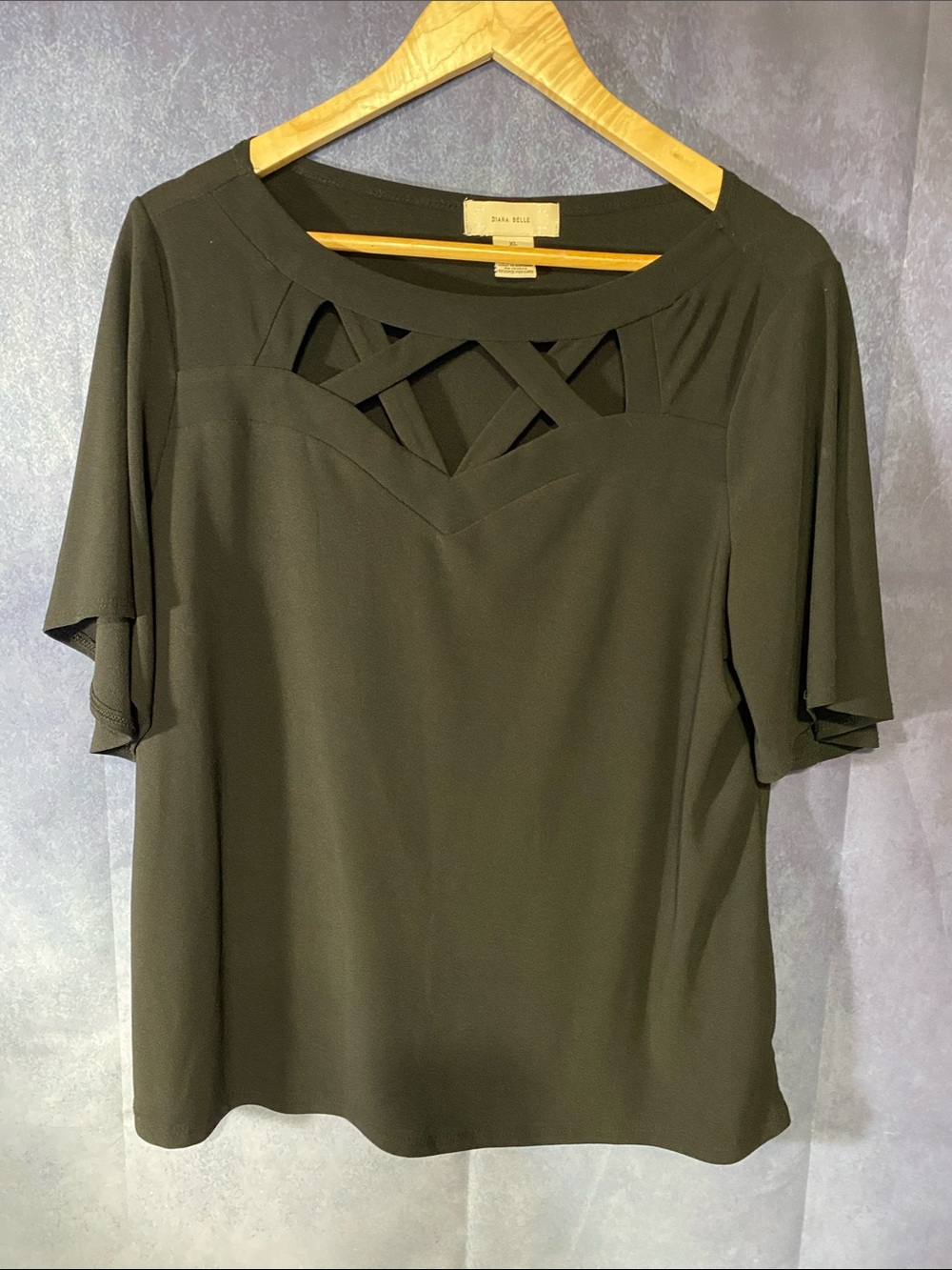 Lattice-Neck Flutter Sleeve Blouse in Black